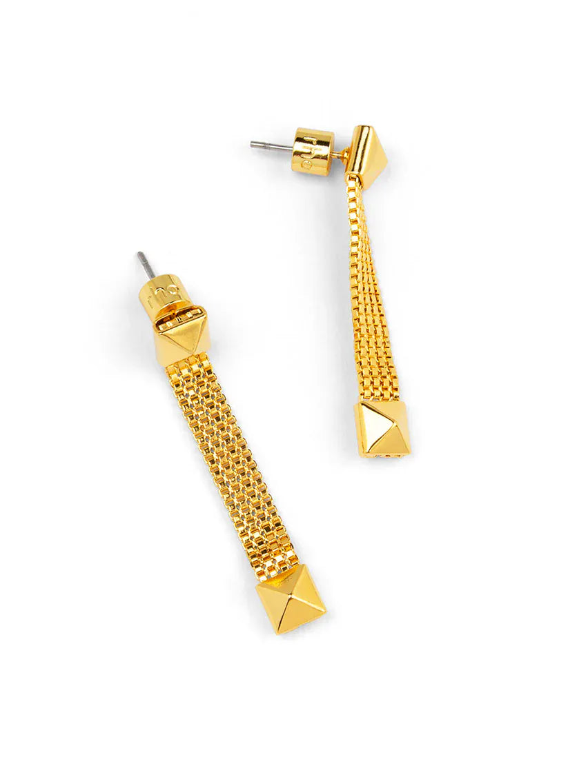 RHO Jewelry studded mesh drop earring featuring a sleek design with metal studs and a dangling mesh element.