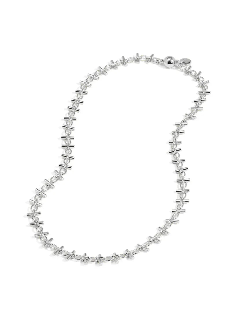 RHO Jewelry bar link magnet necklace featuring sleek metal links and a modern design, perfect for stylish everyday wear.
