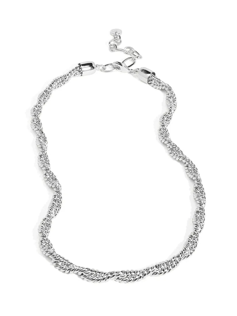 RHO Jewelry braided twisting links collar necklace featuring interwoven metal links in a stylish, statement jewelry design.