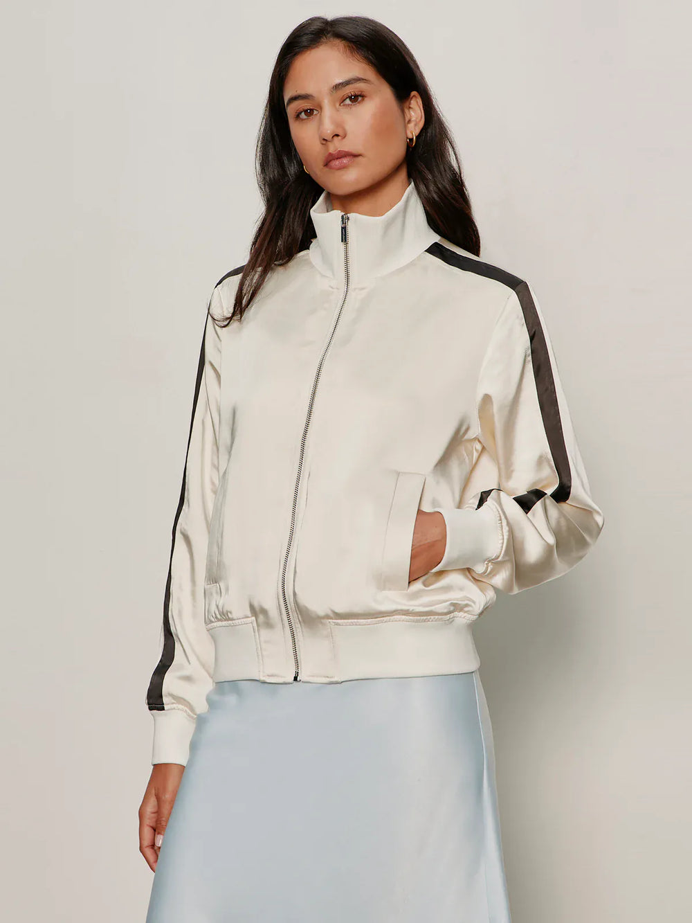 Sanctuary Gemma Satin Track Jacket in Collagen XS, featuring a sleek satin finish and sporty design with a zip front and collar.
