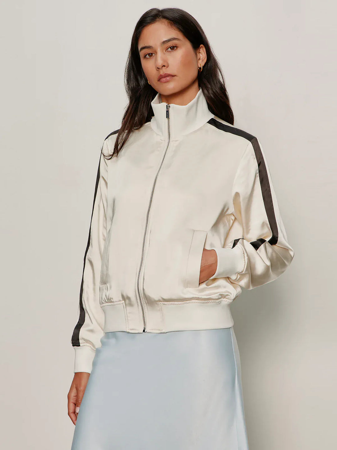 Sanctuary Gemma Satin Track Jacket in Collagen XS, featuring a sleek satin finish and sporty design with a zip front and collar.