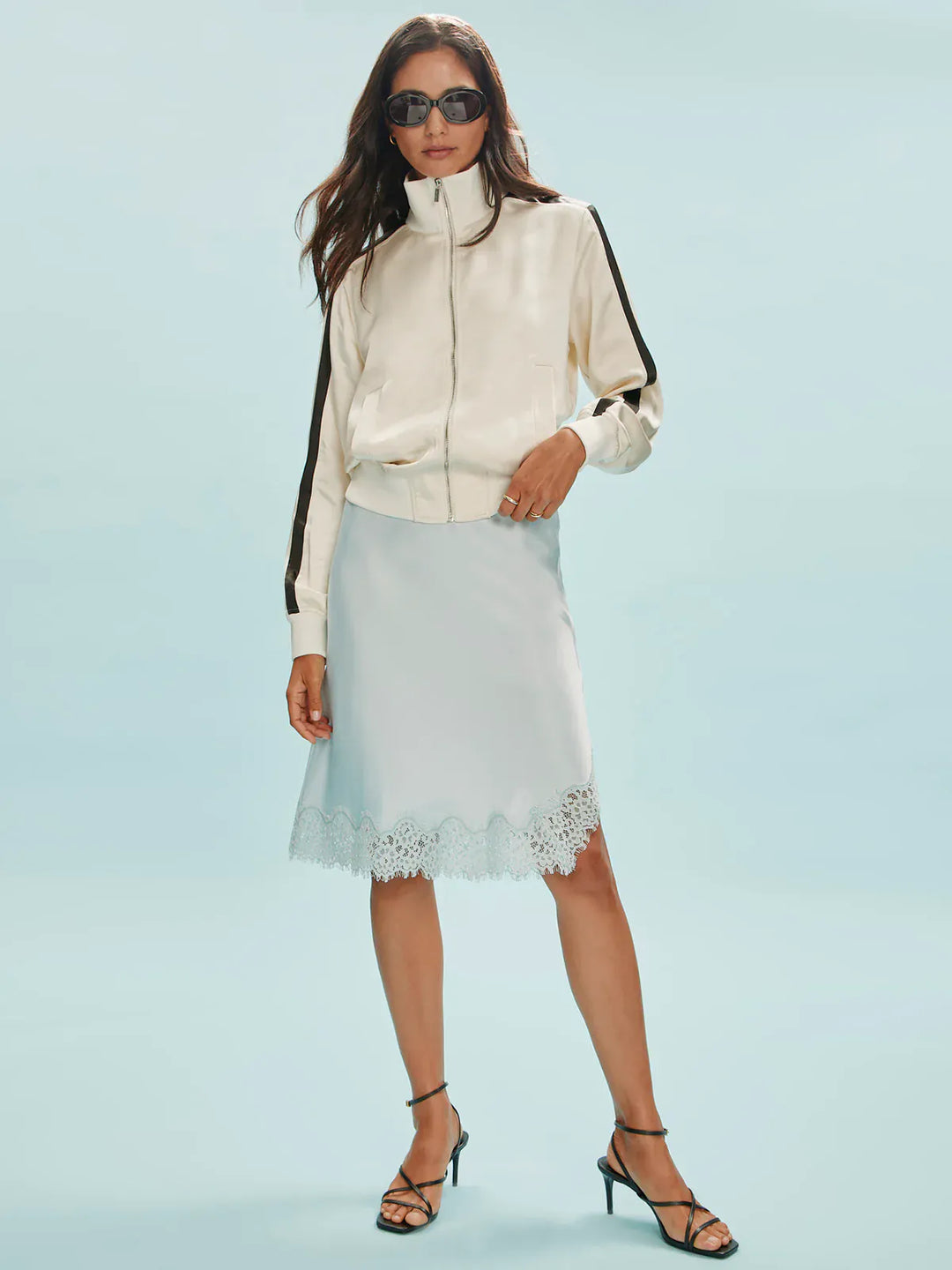 Sanctuary Gemma Satin Track Jacket, stylish women's jacket with a smooth satin finish and sporty design.