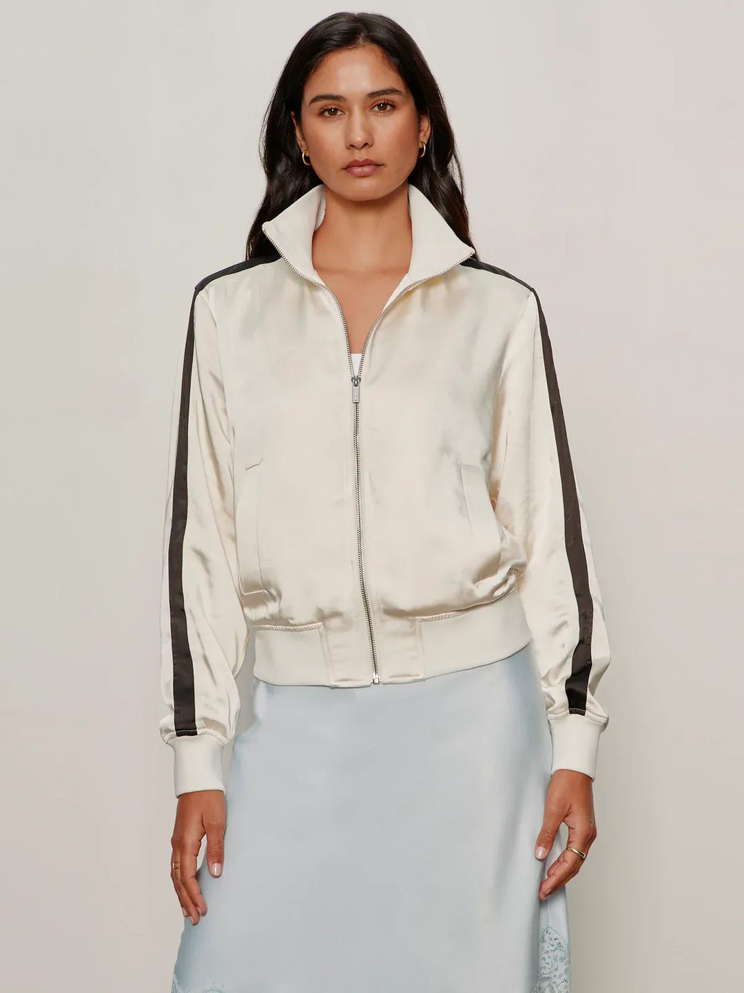 Sanctuary Gemma satin track jacket with a sleek design, featuring a front zipper and stylish fit, ideal for casual wear.