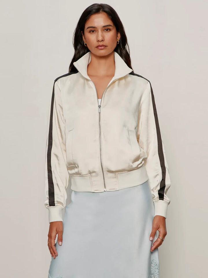 Sanctuary Gemma satin track jacket with a sleek design, featuring a front zipper and stylish fit, ideal for casual wear.