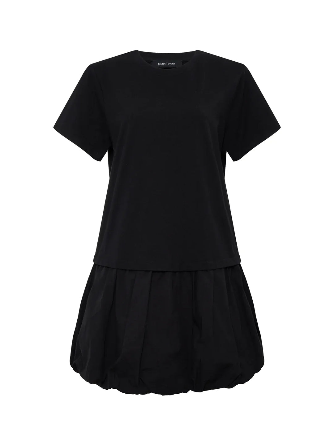 Sanctuary For Keeps Bubble T-Shirt Dress, a stylish mini dress with a relaxed fit and short sleeves, displayed on a hanger.