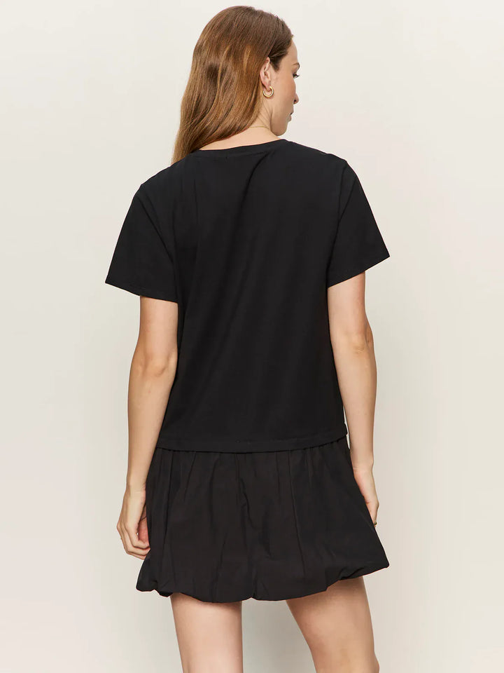 Sanctuary For Keeps Bubble T-Shirt Dress, mini dress with relaxed fit and bubble style, in soft fabric, shown on a model.