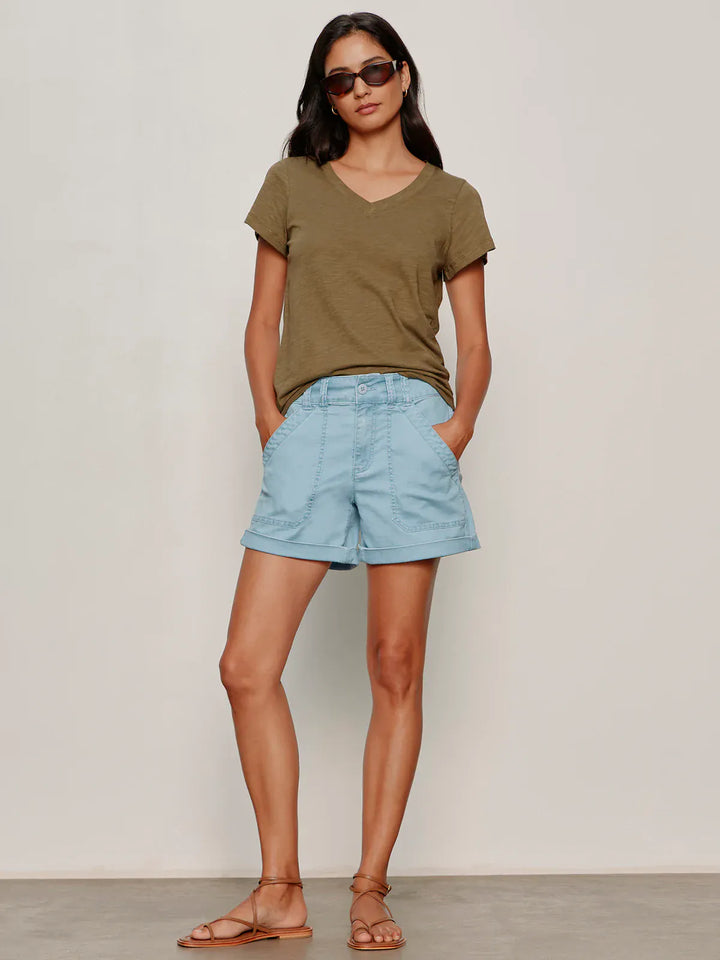 Sanctuary Wander On Shorts in neutral fabric, featuring a relaxed fit and adjustable waistband for comfortable casual wear.