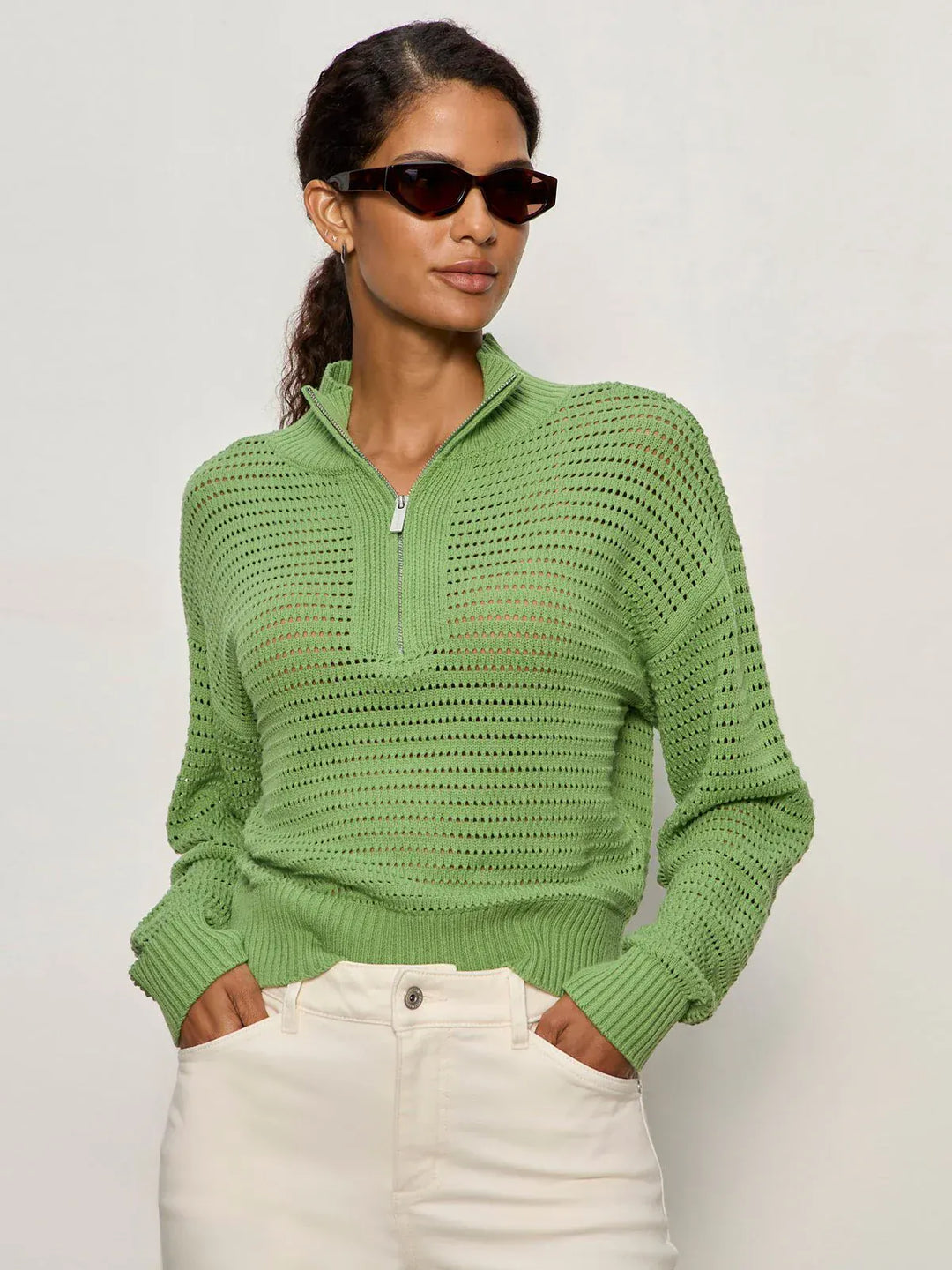 Sanctuary Sweater Detox Green / XS Open Knit 1/2 Zip Sweater