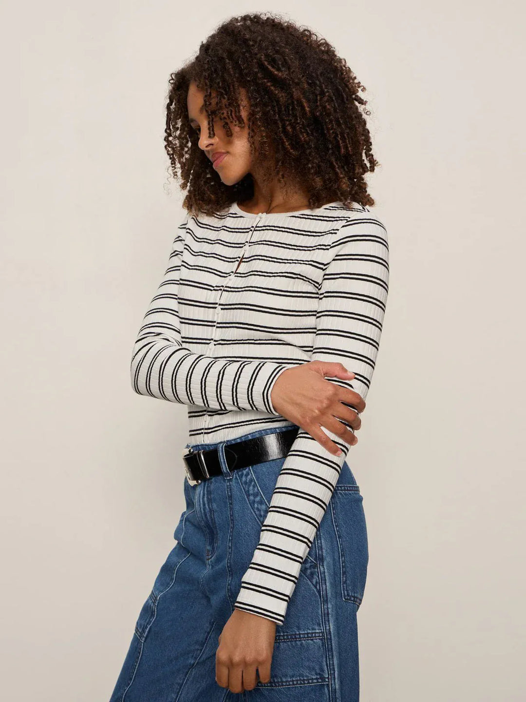 Sanctuary Top Chalk / Black Stripe / XS Button Front Ribbed Top