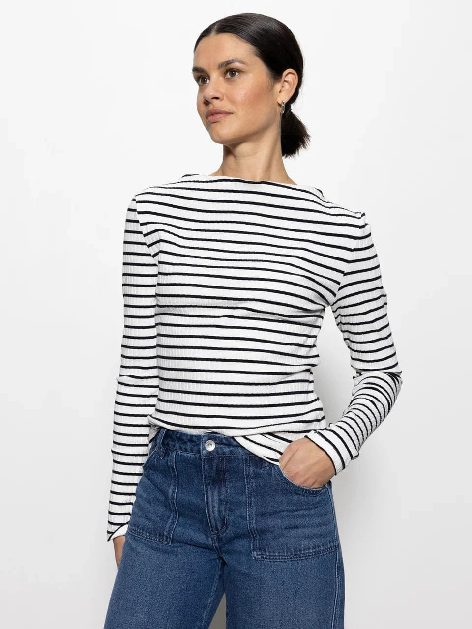 Sanctuary Top Chalk / Black Stripe / XS Long Sleeve Boatneck T-Shirt Top