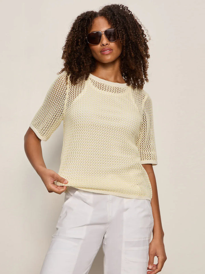 Sanctuary open knit sweater tee in lemon drop chalk stripe, lightweight top with a relaxed fit and breathable open-knit design.