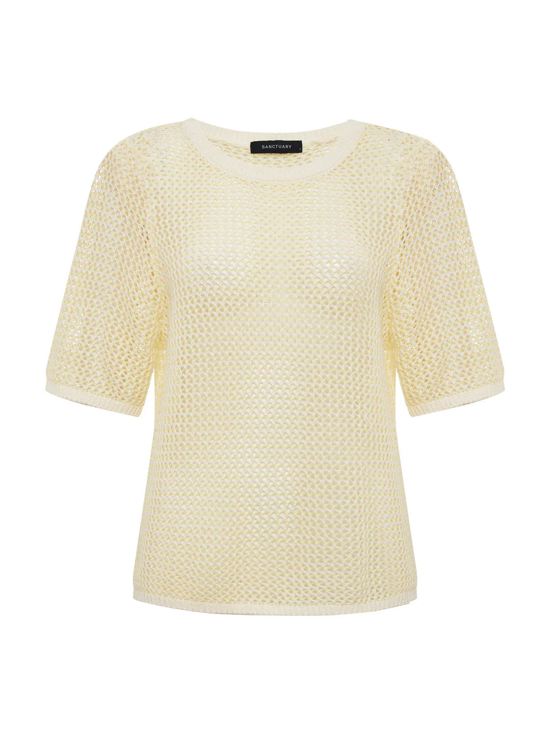 Sanctuary open knit sweater tee, lightweight top with a loose open knit design, casual style, long sleeves, and relaxed fit.