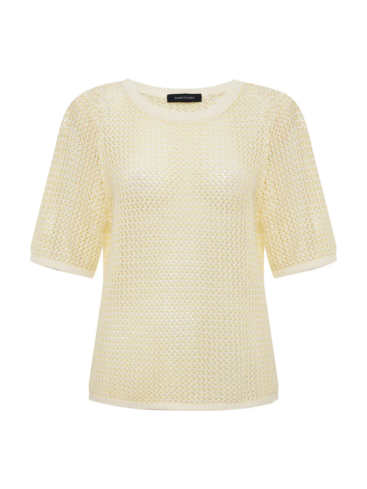 Sanctuary open knit sweater tee, lightweight top with a loose open knit design, casual style, long sleeves, and relaxed fit.