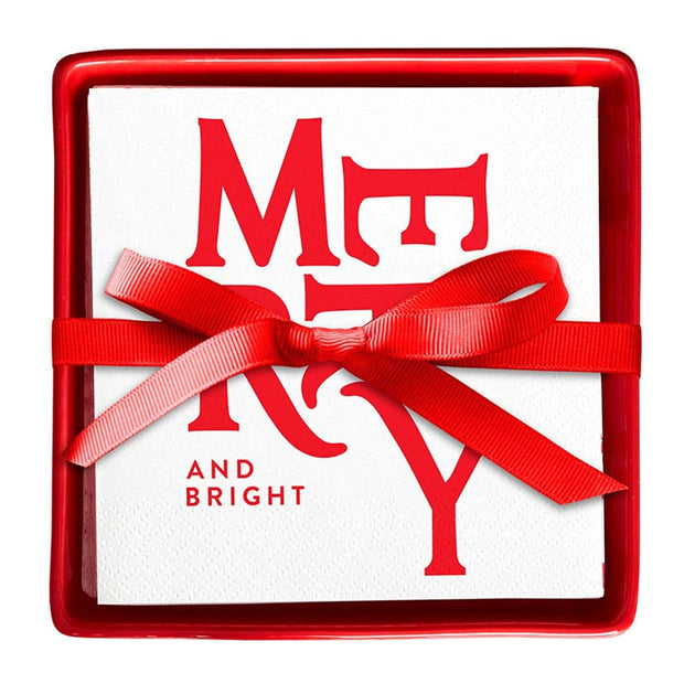 Santa Barbara Gift Merry + Bright Ceramic Napkin Tray + Napkins
