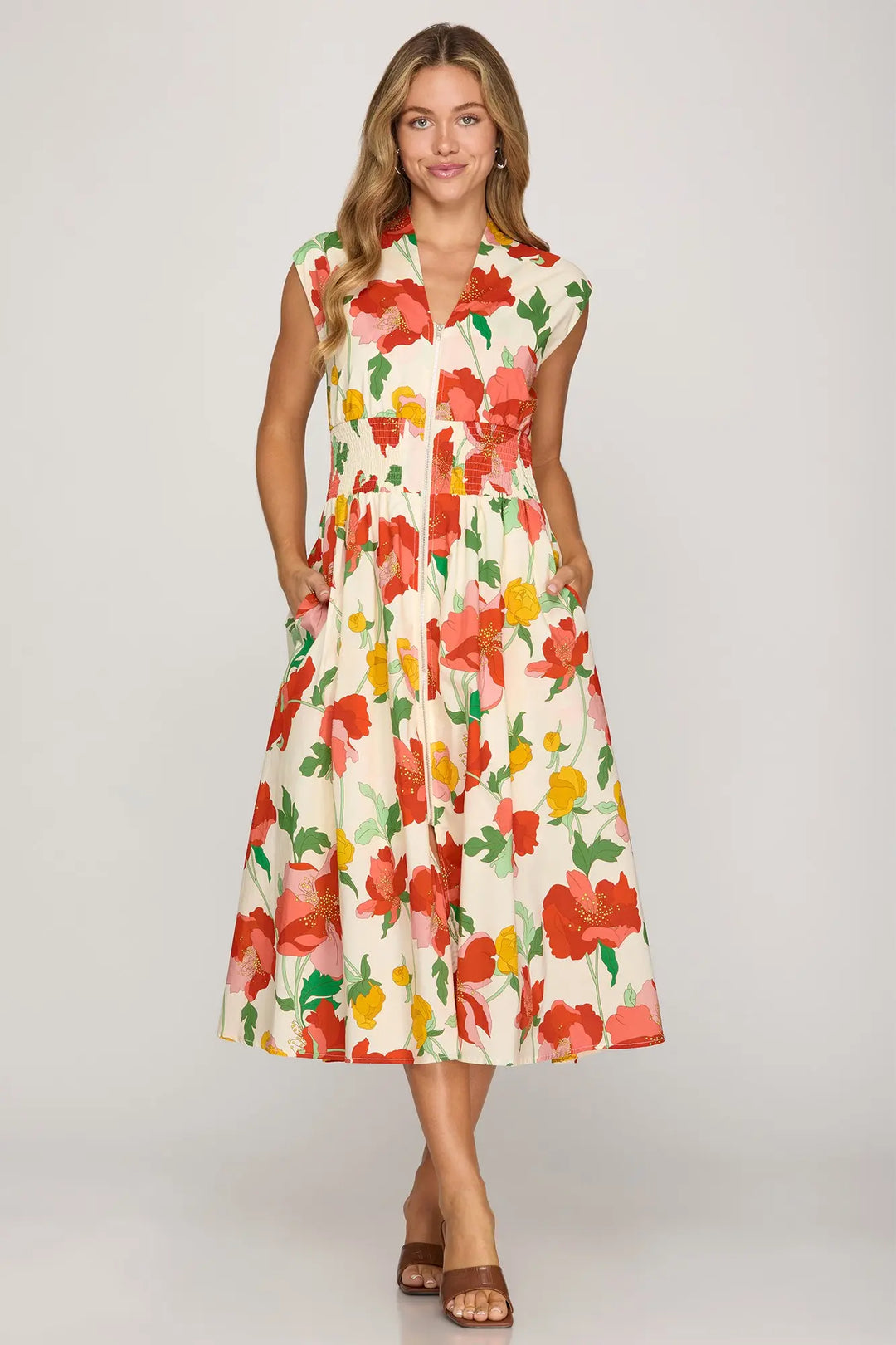 She + Sky Dress Cream / Red / S Lydia Floral Midi Dress