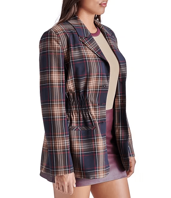 Steve Madden Blazer Frida Plaid Tailored Smocked Long Sleeve Blazer