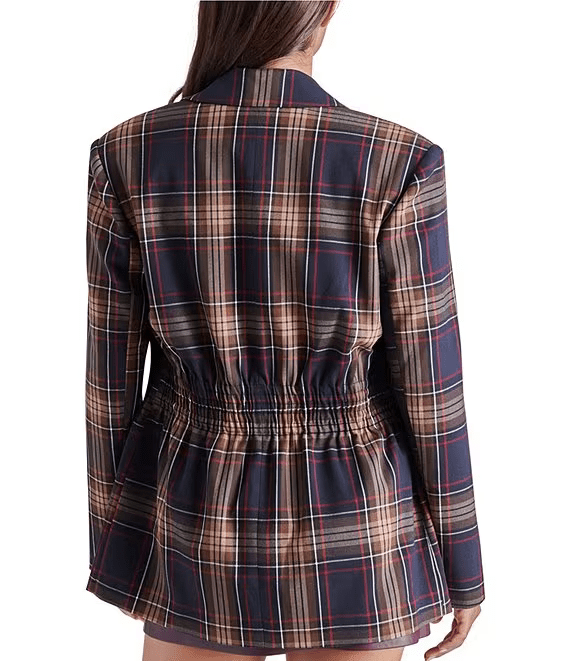 Steve Madden Blazer Frida Plaid Tailored Smocked Long Sleeve Blazer