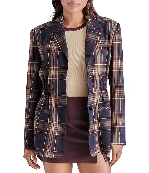 Steve Madden Blazer Navy Plaid / XS Frida Plaid Tailored Smocked Long Sleeve Blazer