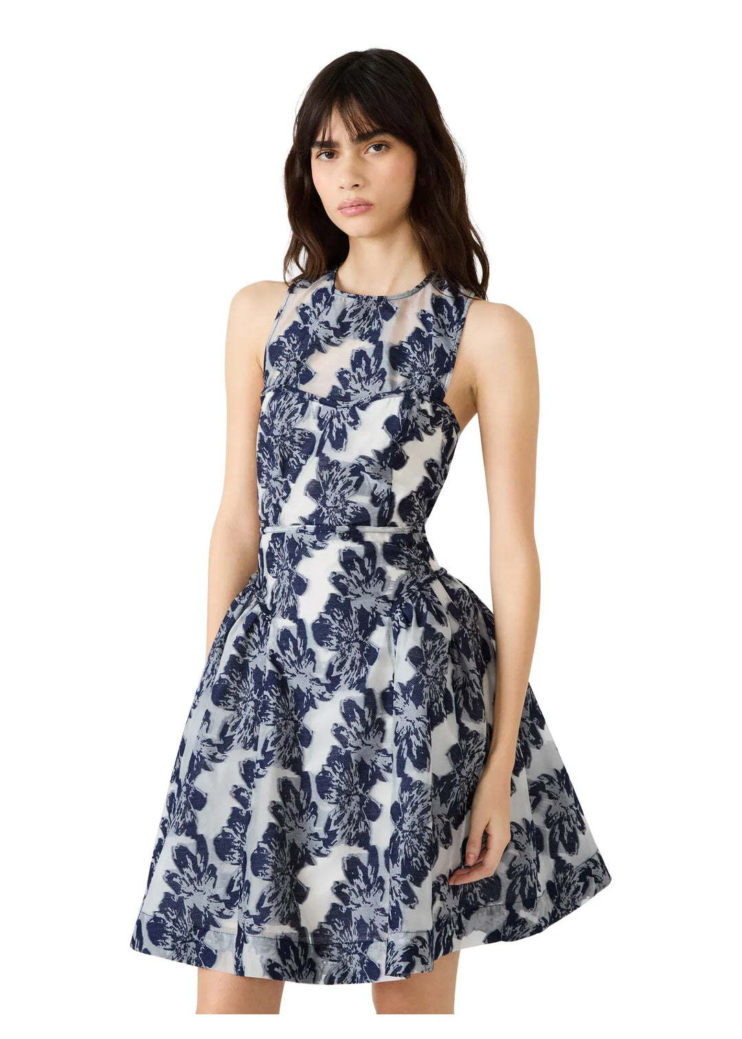 Steve Madden Rora Floral Print Crew Illusion Neckline Sleeveless Drop Waist Dress, Womens, 4, Navy Speckle