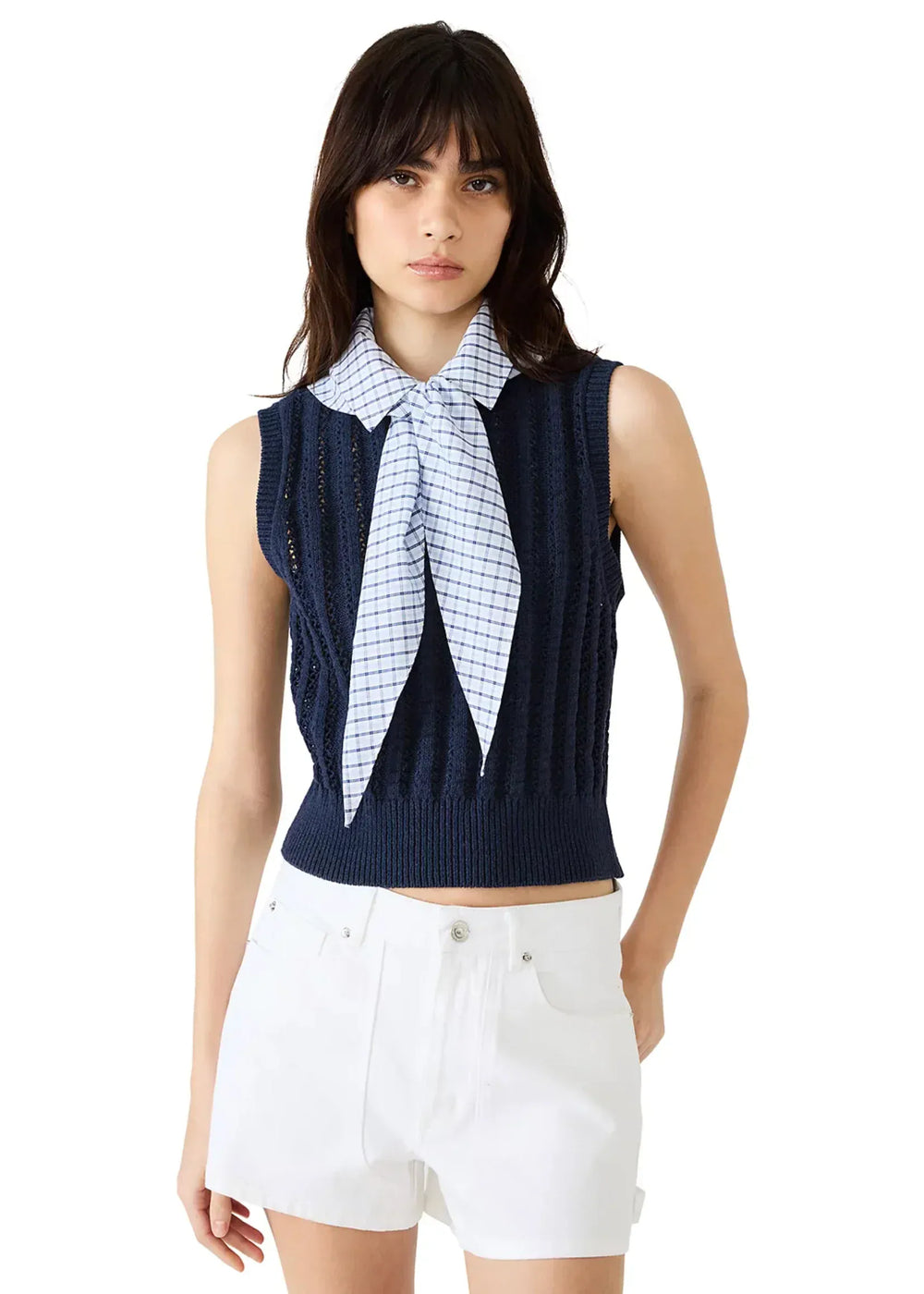 Steve Madden Embree sweater vest, navy knit vest with ribbed trim, perfect for layering and casual stylish looks.