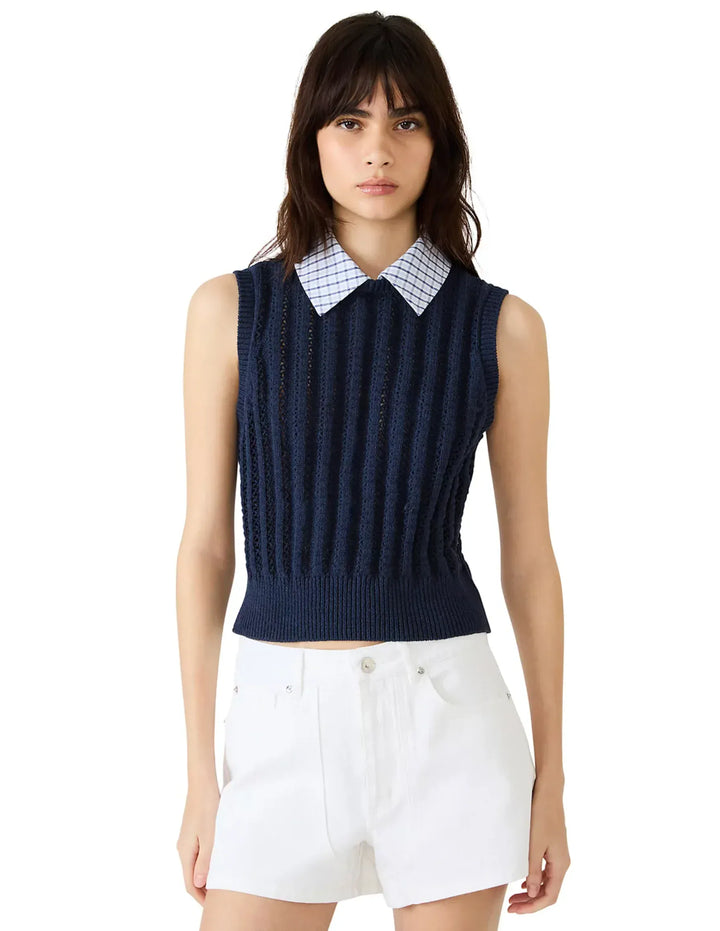Steve Madden Embree sweater vest in marine blue, XS size, featuring a cozy knit design and classic vest style.