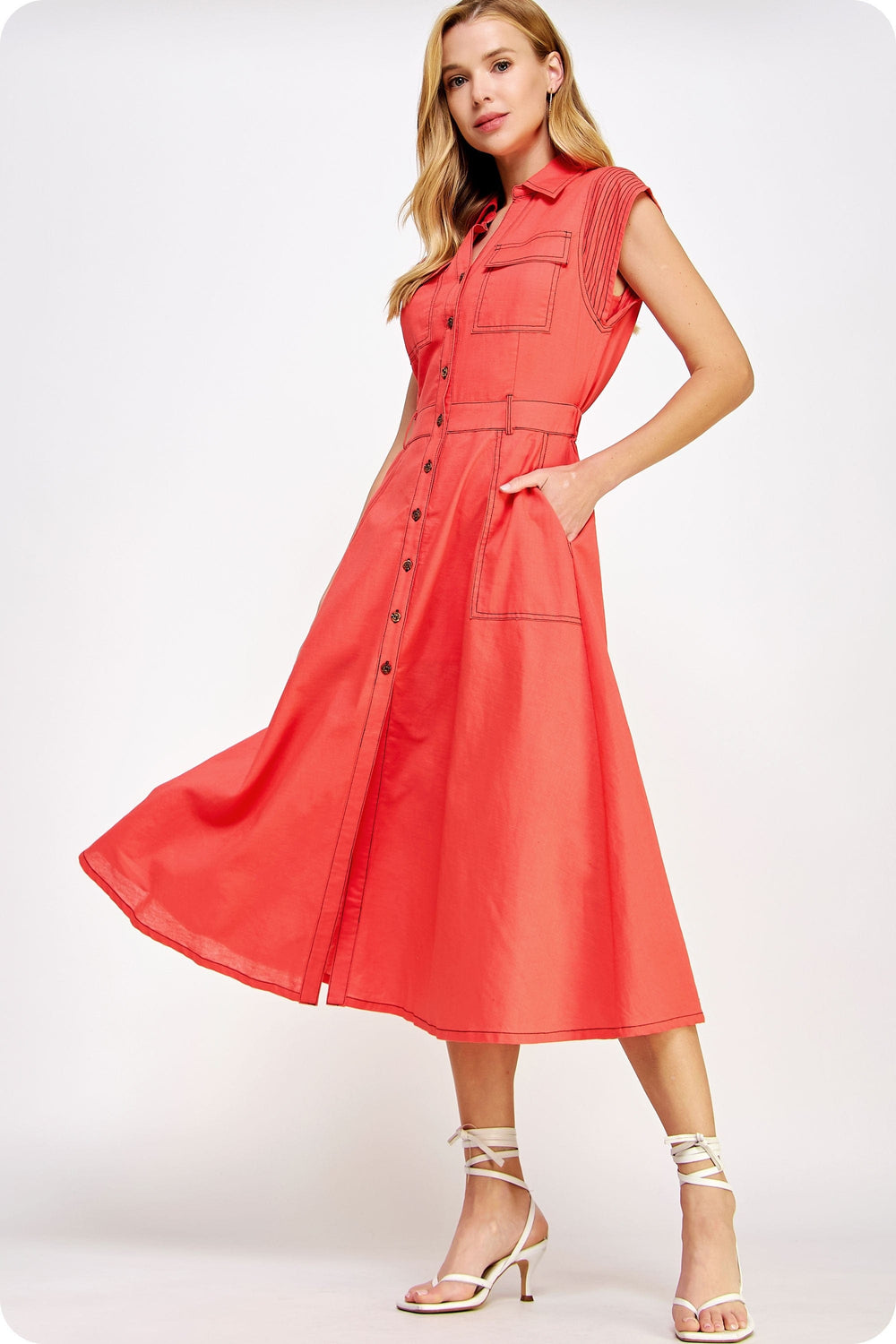 Strut & Bolt Dress Radiant Orange / S Lynee Top-Stitch Sleeveless Linen Midi Dress
