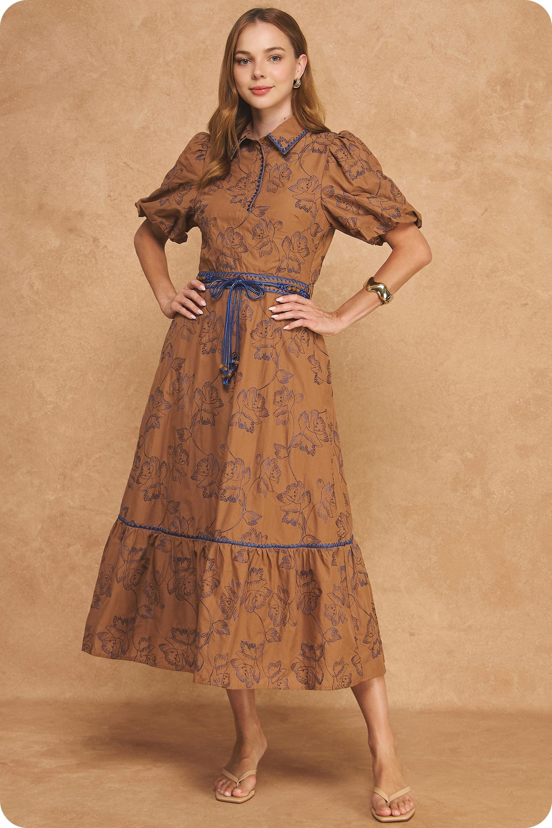 Strut &amp; Bolt Midi Dress Camel / Navy / XS Aubrey Puff Sleeve Midi Dress