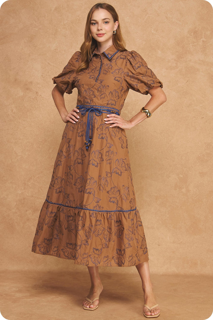 Strut &amp; Bolt Midi Dress Camel / Navy / XS Aubrey Puff Sleeve Midi Dress