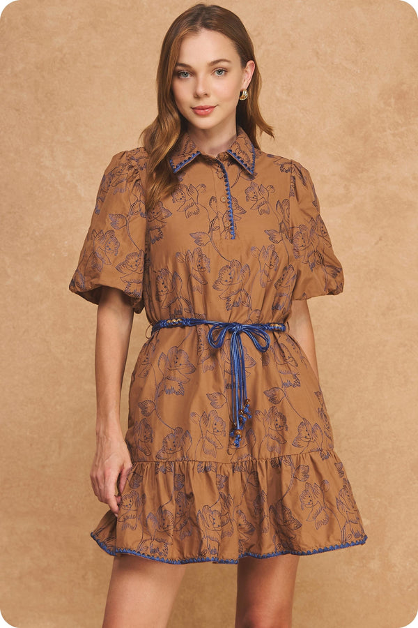 Strut & Bolt Mini Dress Camel / Navy / XS Lula Floral Belted Mini Dress