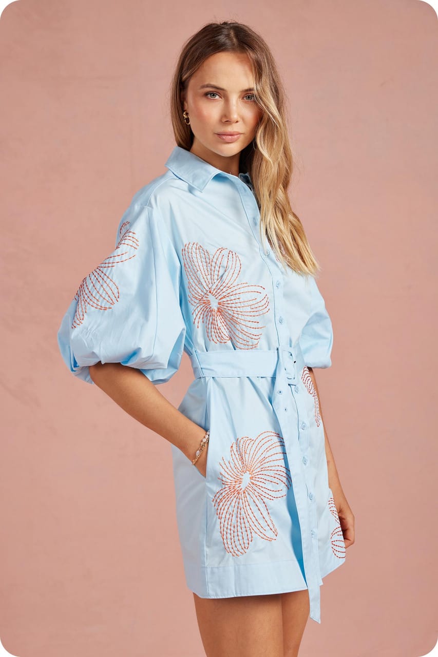 Eliana Embroidered MIni Dress Teal Poppy Eliana Embroidered MIni Dress Teal Poppy