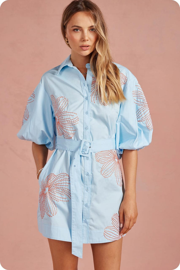 Strut & Bolt Mini Dress Sky Blue / Orange / S Eliana Embroidered MIni Dress