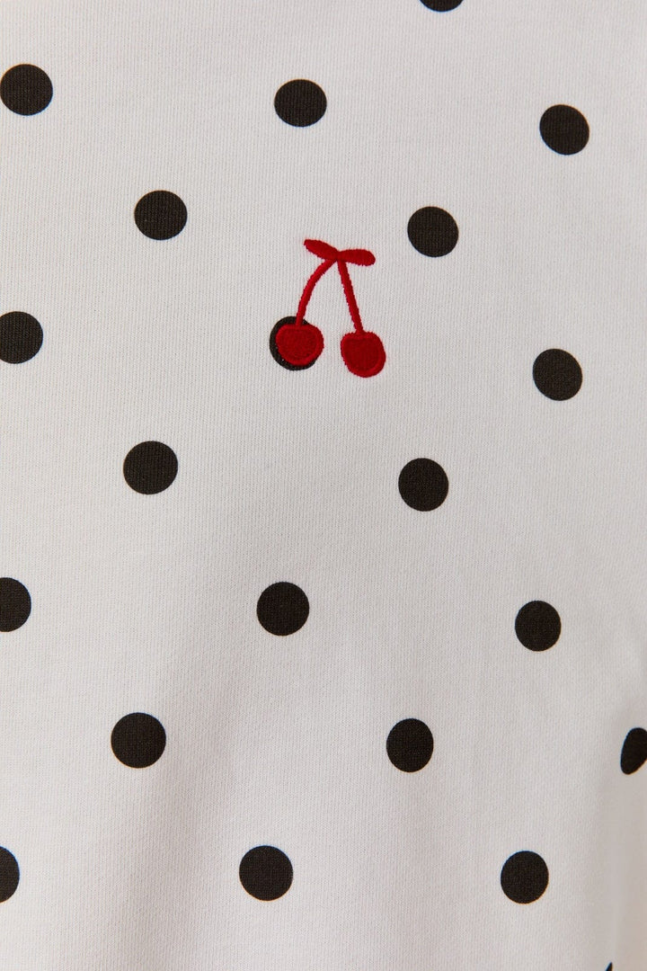 Sunday Edition Claire Polka Dot Sweatshirt, cozy loungewear with black and white polka dot pattern, soft fabric, relaxed fit.