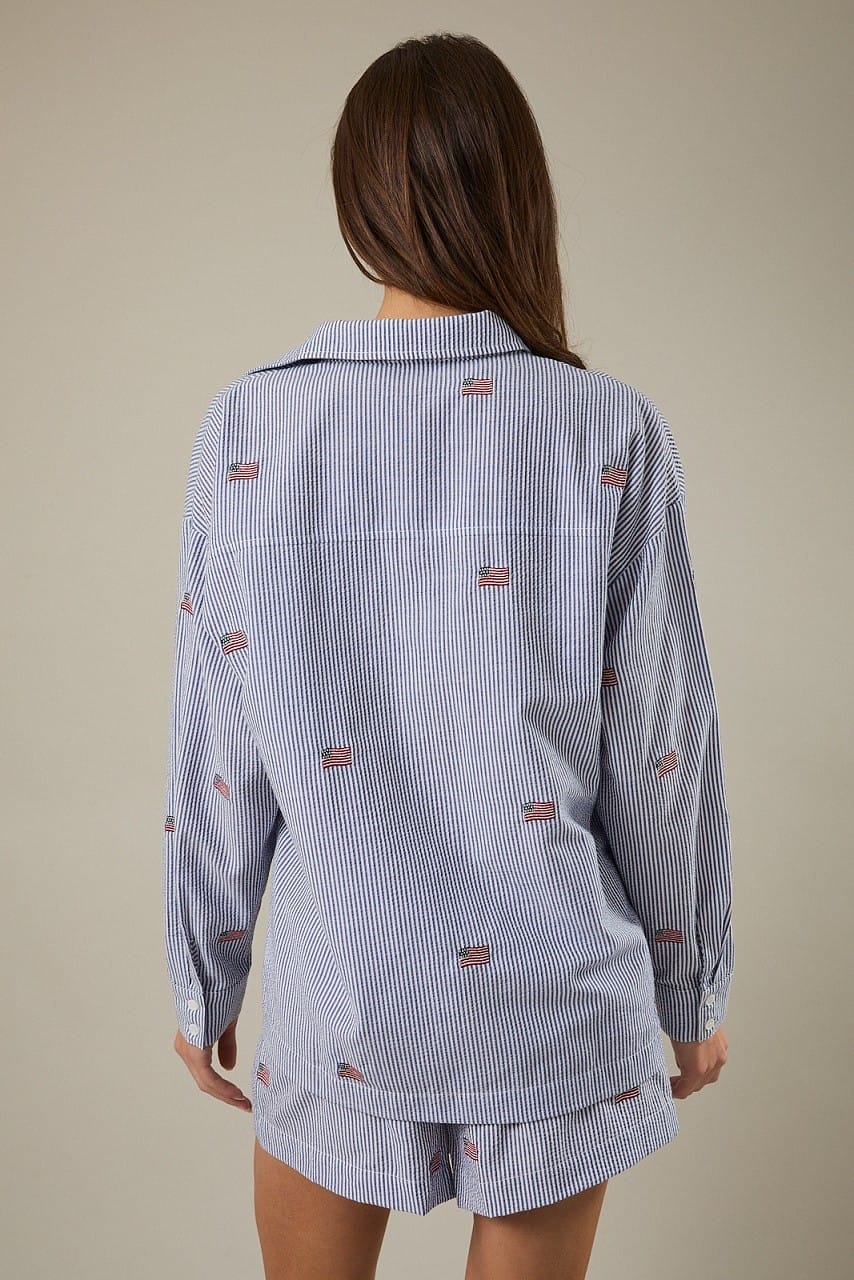 Sunday Edition Top Stripe Flag Embro Oversized Top