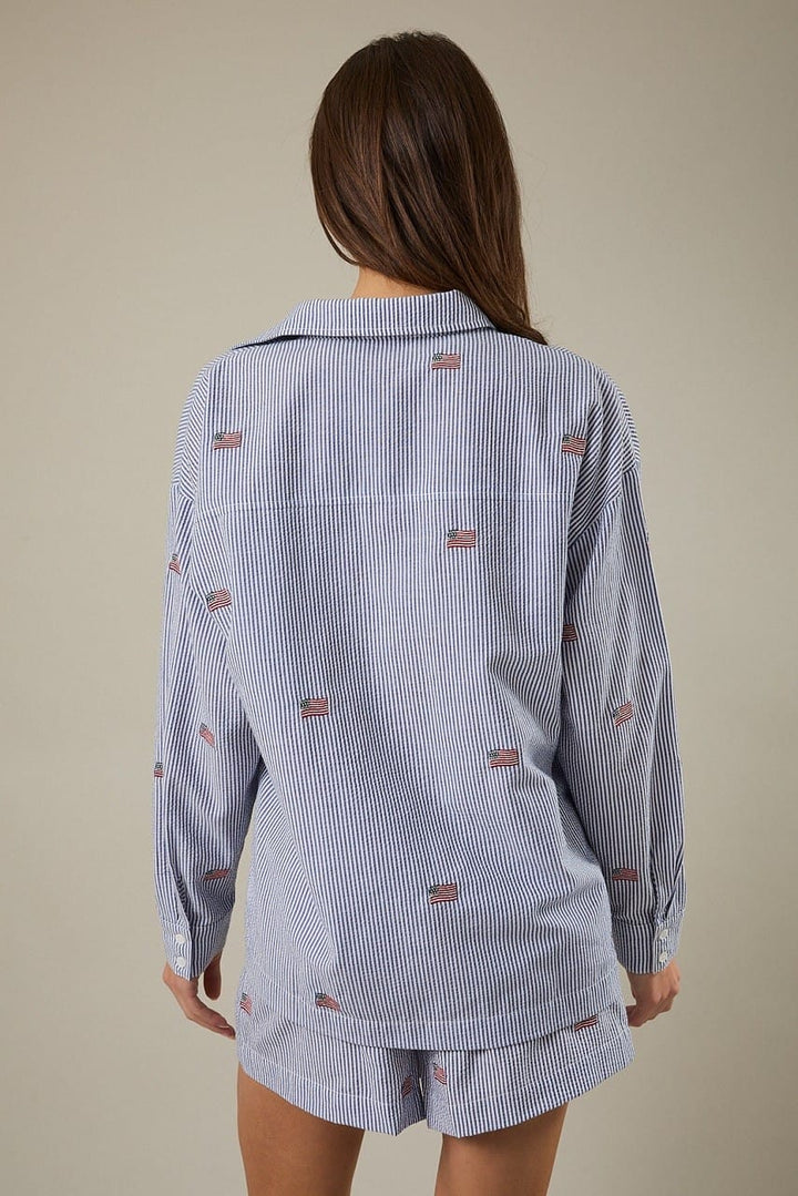 Sunday Edition Top Stripe Flag Embro Oversized Top