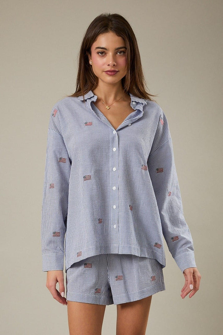 Sunday Edition Top Stripe Flag Embro Oversized Top