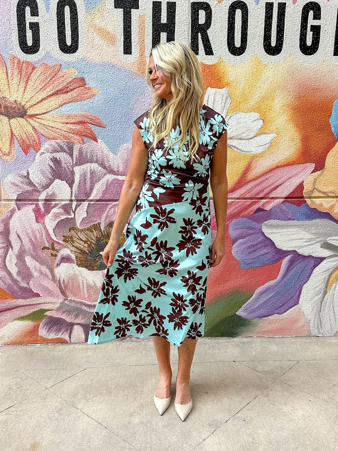 TCEC Lilly floral color block midi dress with vibrant floral pattern and contrasting color blocks, stylish and flowy for warm weather.
