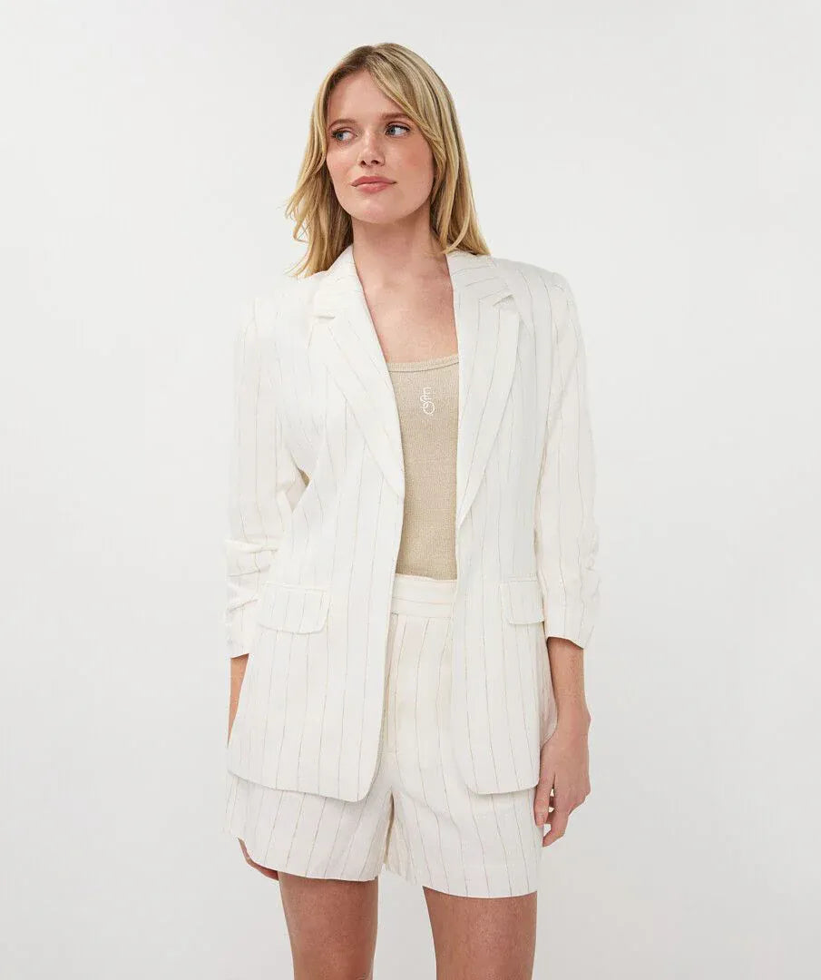 Teal and off-white striped linen blazer by Esqualo, featuring a tailored fit and classic design, perfect for smart casual wear.