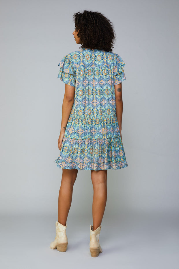 Teal Poppy Geometric Tile Motif Mini Dress