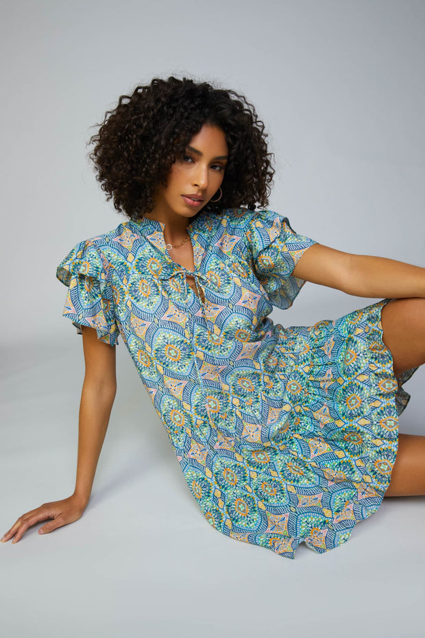 Teal Poppy Geometric Tile Motif Mini Dress