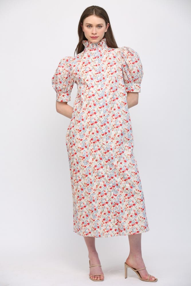 Teal Poppy Maxi Dress Cream Blue / S Della Floral Print Maxi Dress