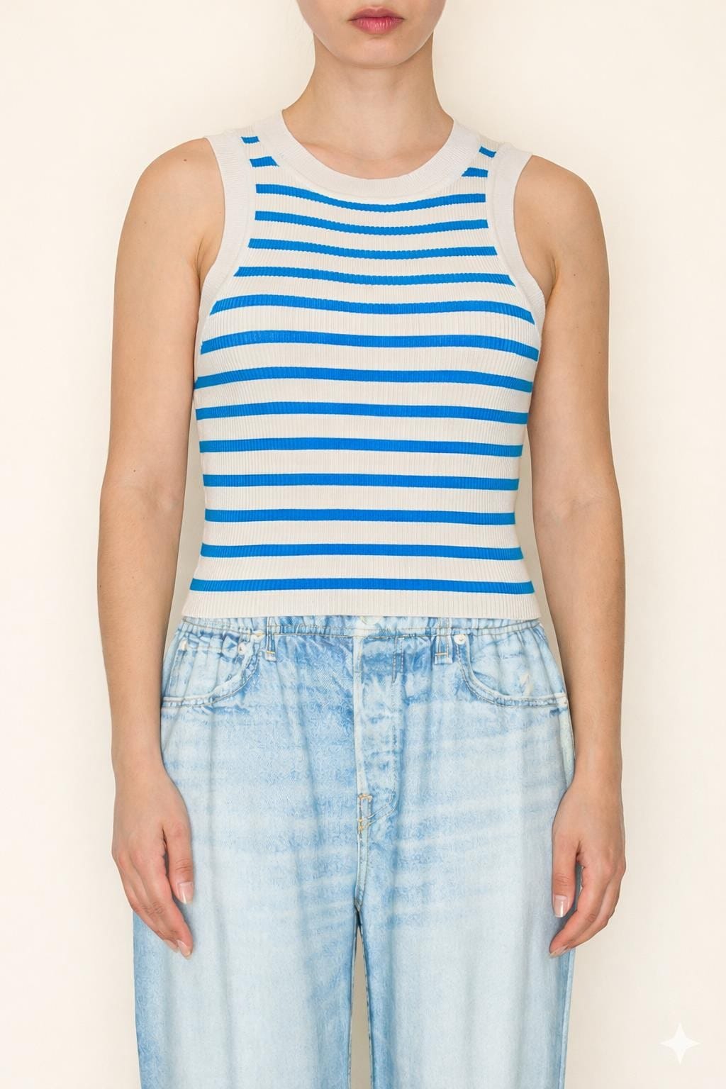 Celia Striped Tank by The Greii, beige and blue sleeveless tank top with vertical stripes, casual and stylish for everyday wear.