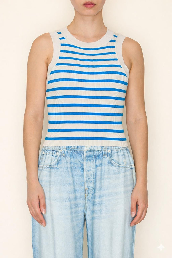 Celia Striped Tank by The Greii, beige and blue sleeveless tank top with vertical stripes, casual and stylish for everyday wear.
