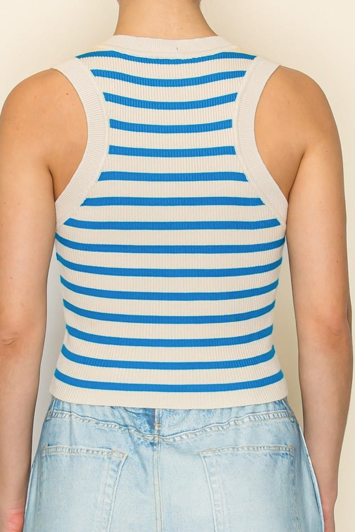 Celia Striped Tank by The Greii featuring a sleeveless design and colorful horizontal stripes, perfect for casual wear.