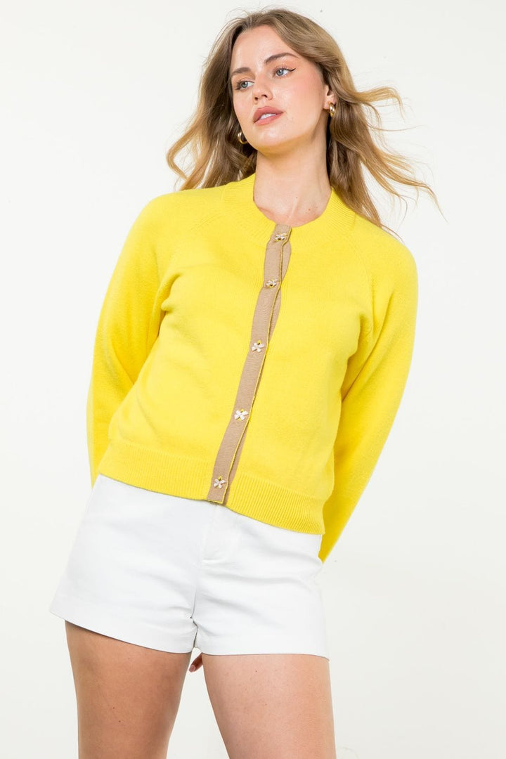 THML Cardigan Yellow / XS Leyla Bow Button Cardi