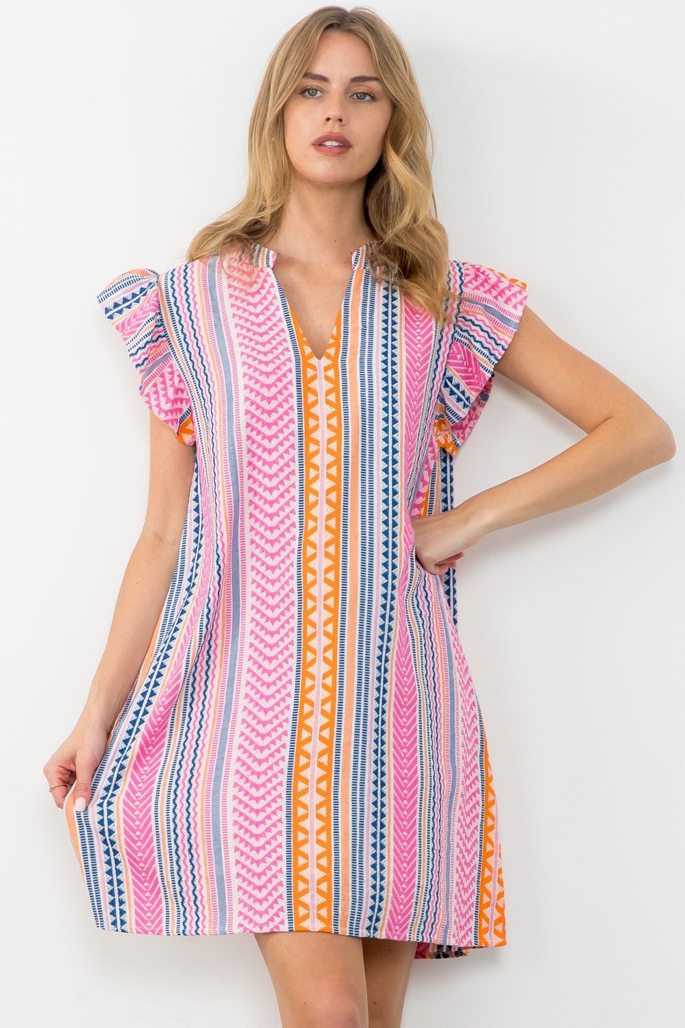 THML Flutter Sleeve Embroidered Dress Brown main image 1