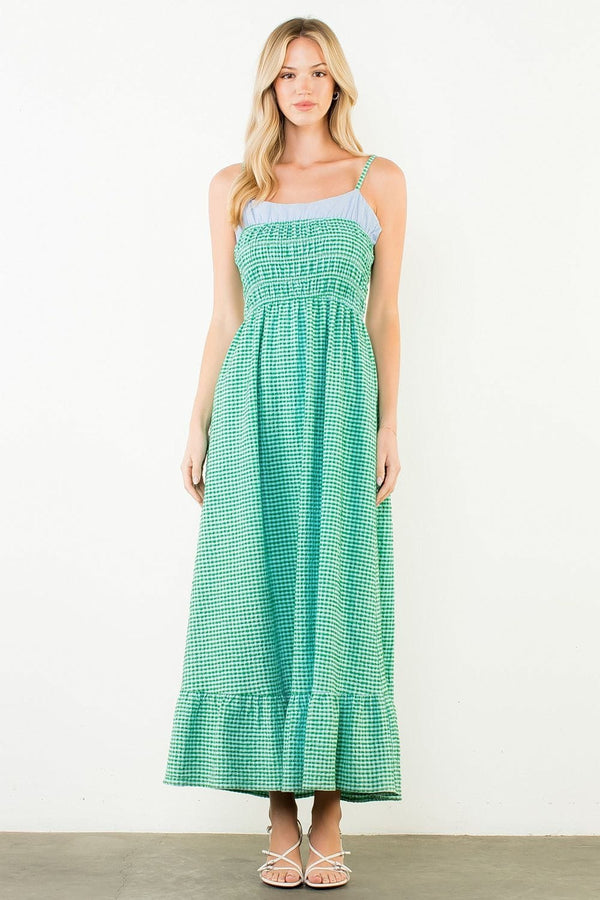 Green Jocelyn Gingham Maxi Dress by THML, featuring a flowing silhouette and stylish pattern, shown in size XS.
