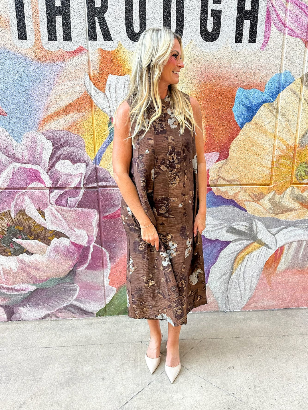 THML Kinsley Tie Back Floral Maxi Dress with vibrant floral pattern and elegant tie-back design.