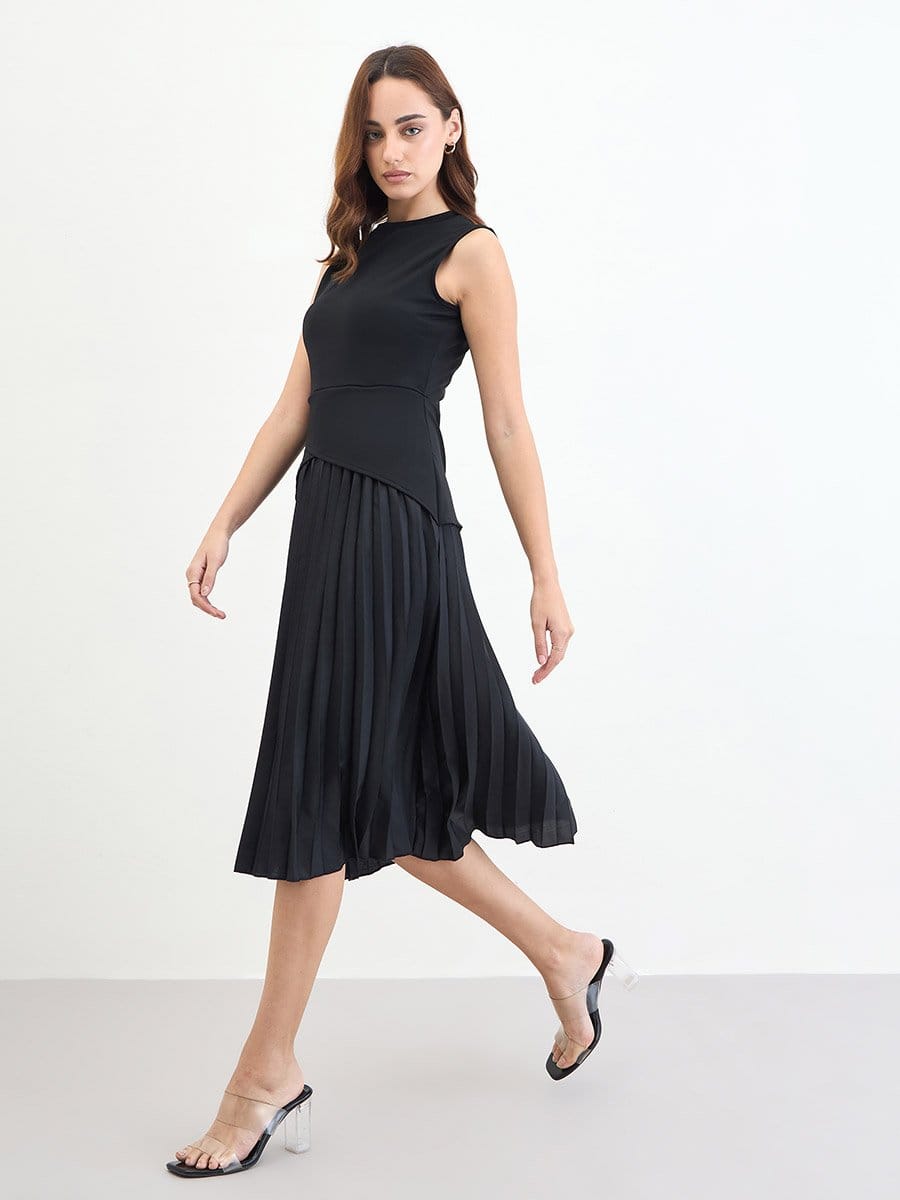THML Ava mixed media ruffle midi dress with layered fabric and feminine ruffle detailing