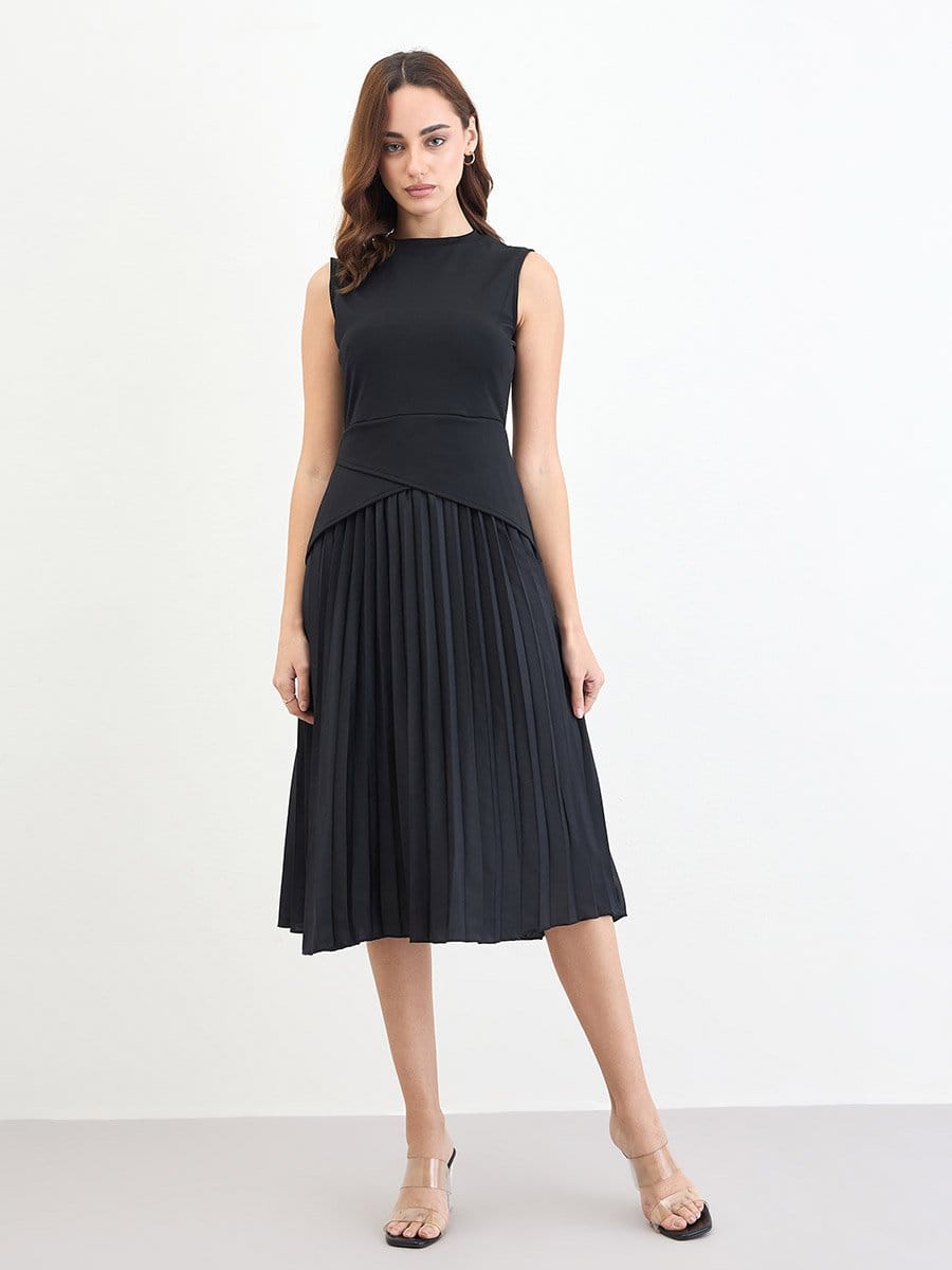 THML Ava Mixed Media Ruffle midi dress in black with layered ruffle details