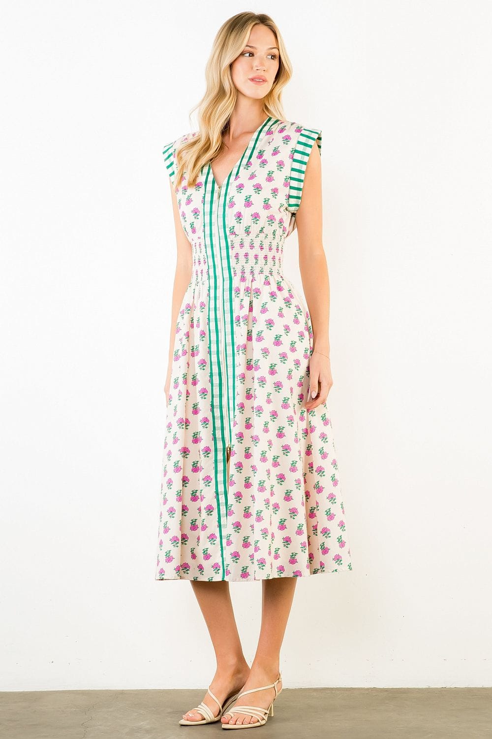 THML Bonnie Smocked Midi Dress featuring a fitted bodice, smocking details, and flowing skirt perfect for summer wear.